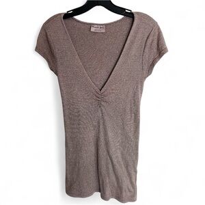MICHAEL STARS Y2K V-Neck Ruched Cap Sleeve Brown Metallic T-Shirt Basic Top OSFM